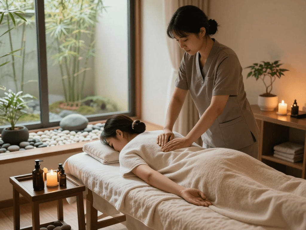 Indulging in 인천출장마사지 in a serene spa setting with natural light and calming atmosphere.