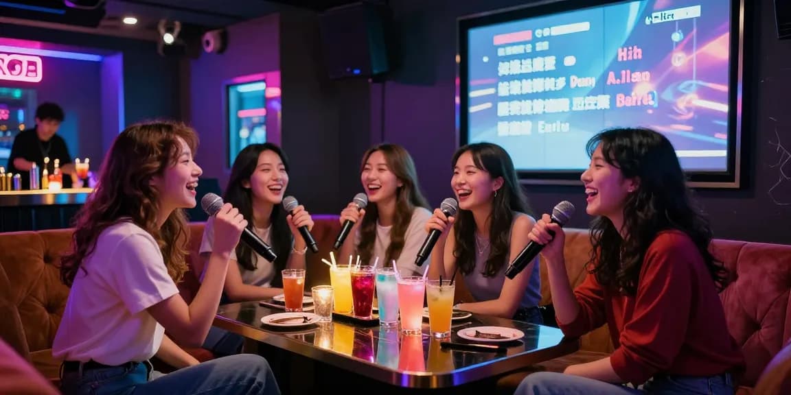 노래방밤알바에서 즐거운 시간을 보내는 여성들 모습, 즐거운 분위기 속 노래하는 장면