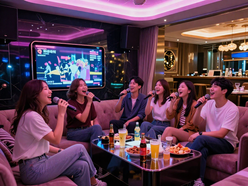 엘리트가라오케에서 즐거운 시간을 보내는 친구들의 모습과 세련된 실내 장식