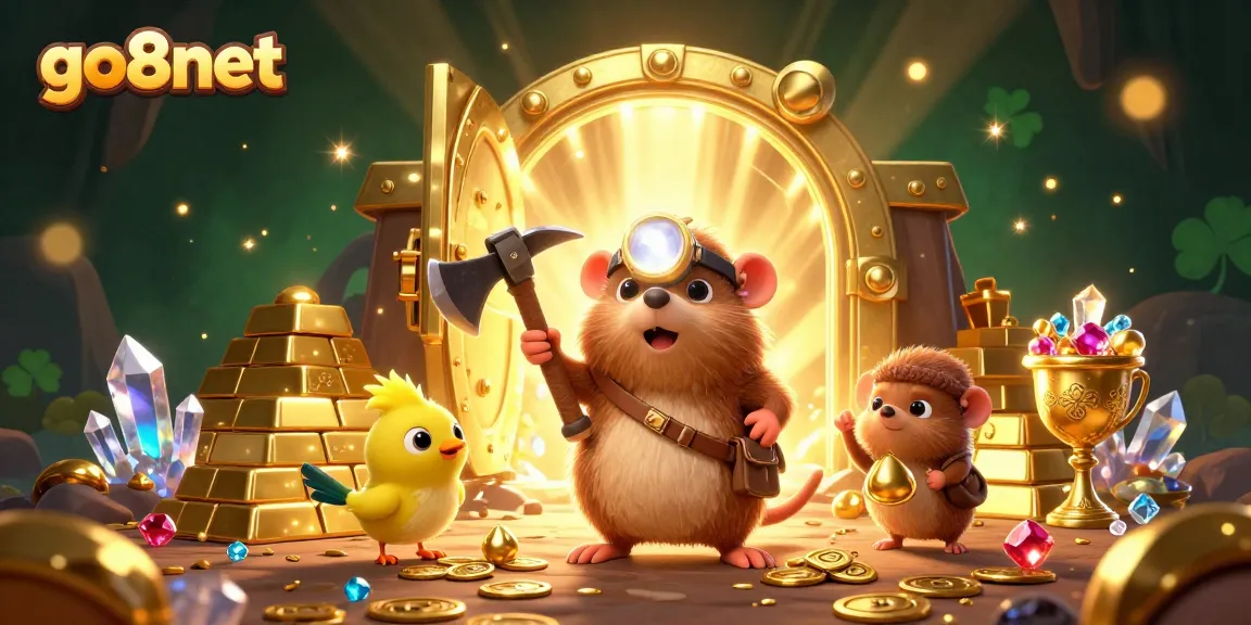 Experience the excitement of go8net with a treasure hunting mole and glittering gems in a vibrant casino scene.