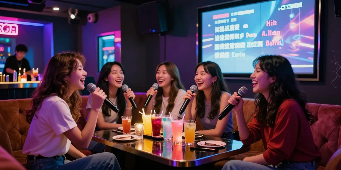 노래방밤알바에서 즐거운 시간을 보내는 여성들 모습, 즐거운 분위기 속 노래하는 장면