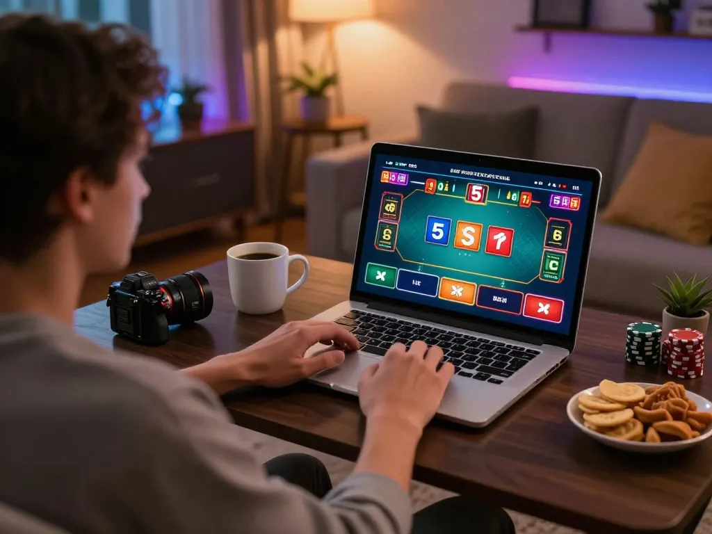 Player enjoying 78WINCOM online casino from home with vibrant game display and organized workspace.
