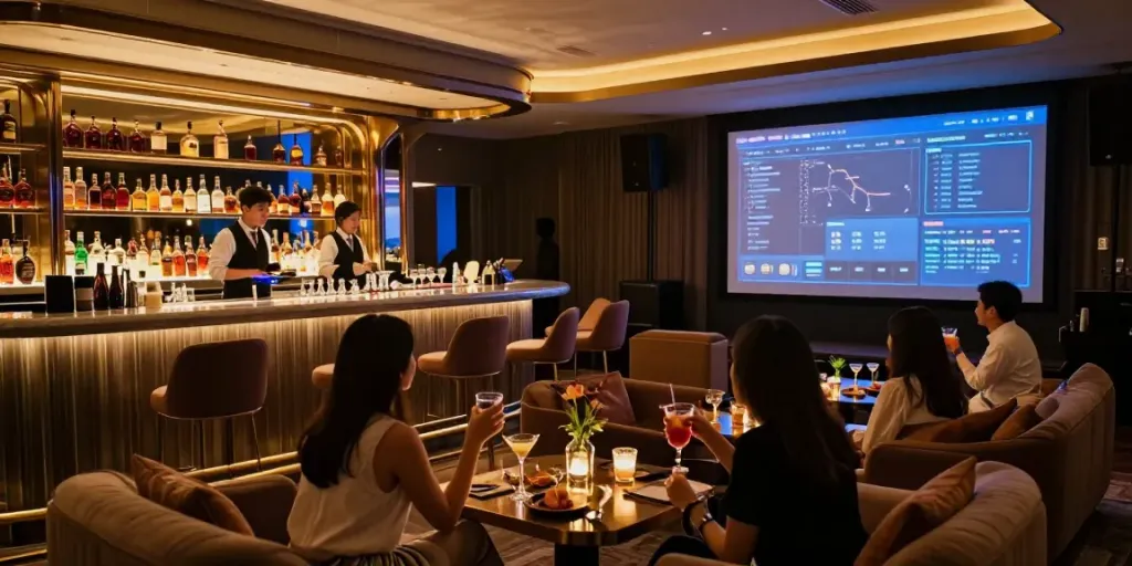 강남 타이밍의 고급스러운 쩜오 내부, 편안한 좌석과 세련된 바 공간이 조화를 이루고 있습니다.