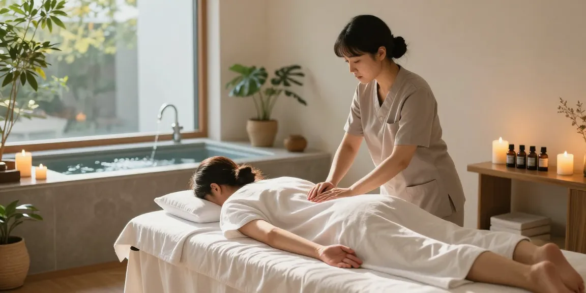 강남마사지로 편안한 마사지 치료를 받는 고객의 모습, 아늑하고 평화로운 스파 공간에서의 힐링 경험