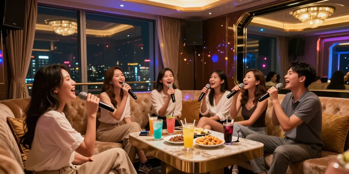 강남가라오케의 우아한 룸에서 친구들과 즐겁게 노래 부르는 모습, 다양한 음료와 스낵이 놓인 테이블, 현대적인 음향 시스템과 도시 경관 뷰가 있는 분위기