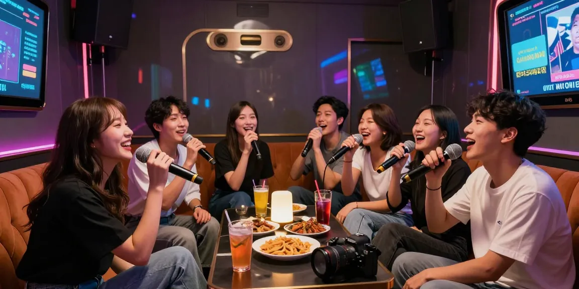 강남가라오케에서 친구들과 즐거운 시간을 보내는 모습, 화려한 조명과 현대적인 인테리어가 돋보입니다.