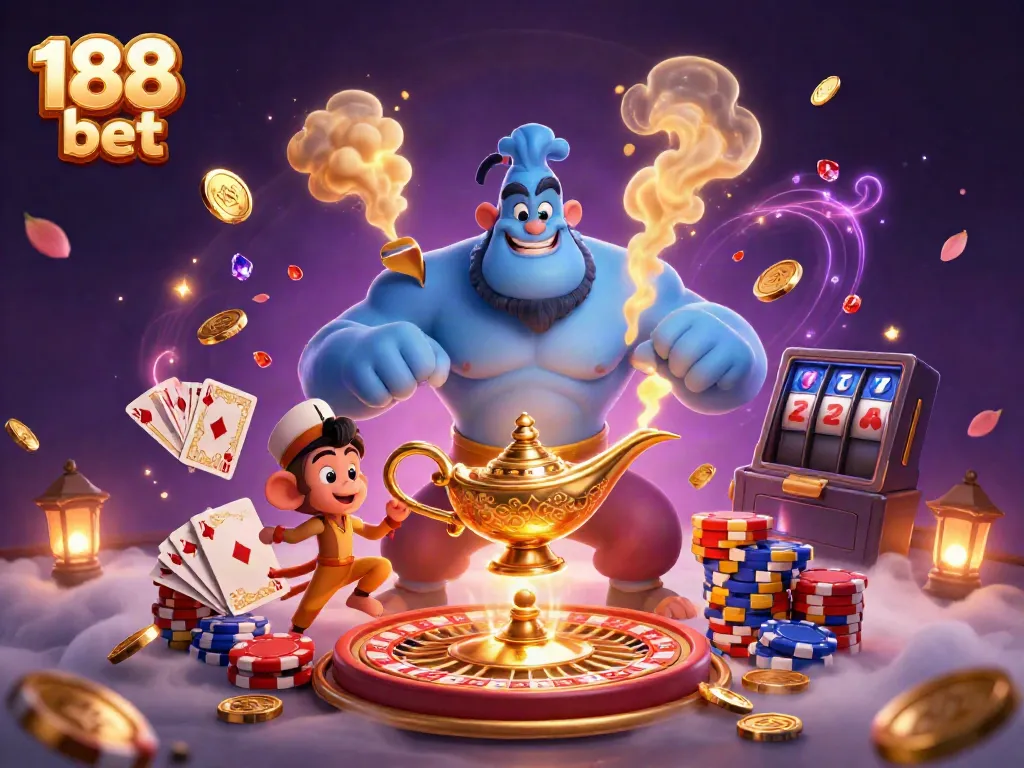 Play exciting games at 188 bet featuring a dynamic casino scene with colorful elements and characters.
