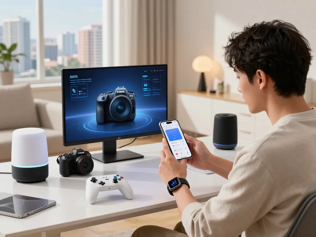 Engaging with latest tech gadgets 2073 like a Bluetooth gaming controller and smartwatch in a vibrant living space.