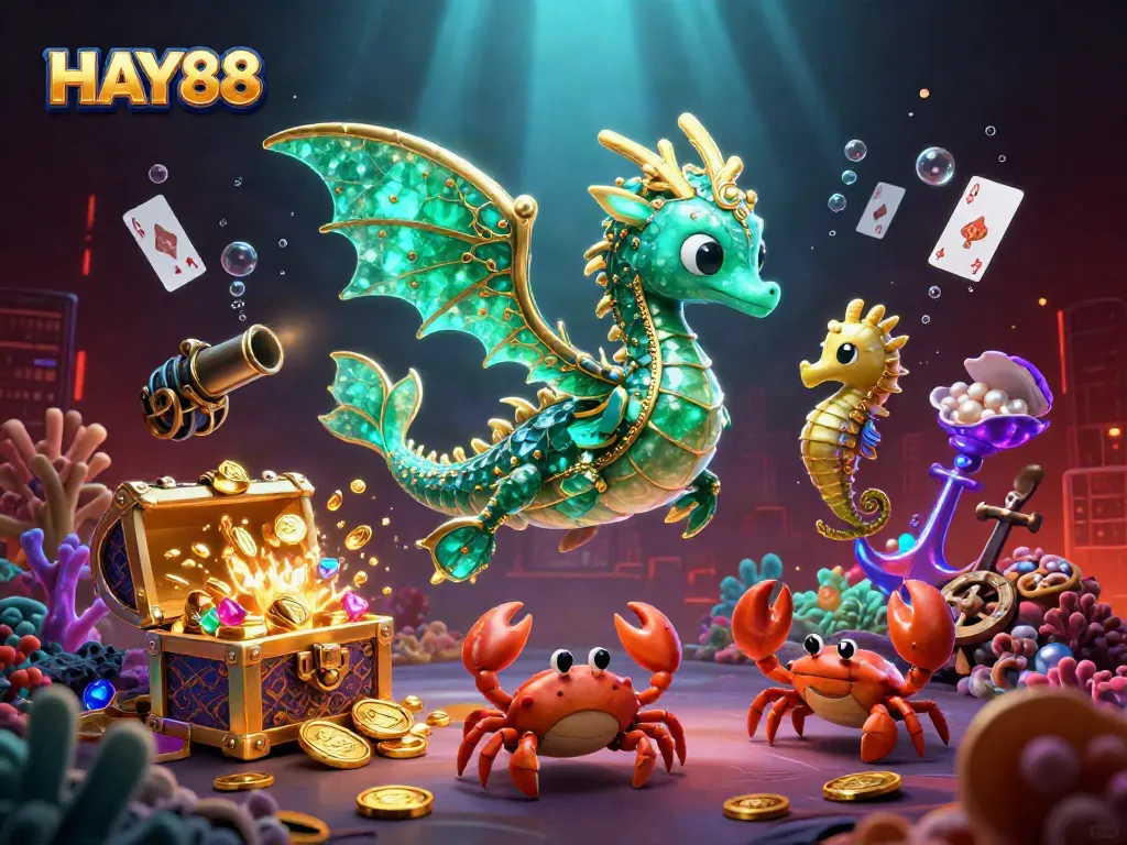 Experience the magic of HAY88 with a dynamic 3D sea dragon guarding treasures in an underwater world.