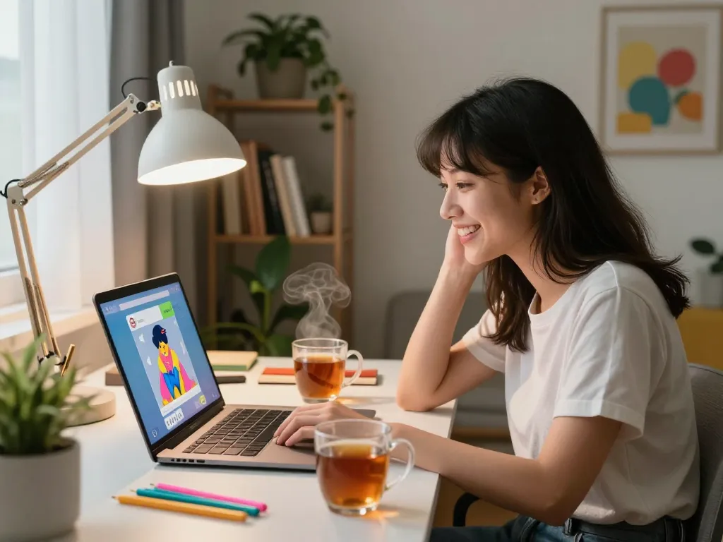 Young woman engaging with an NSFW chat bot on her laptop in a cozy home office.