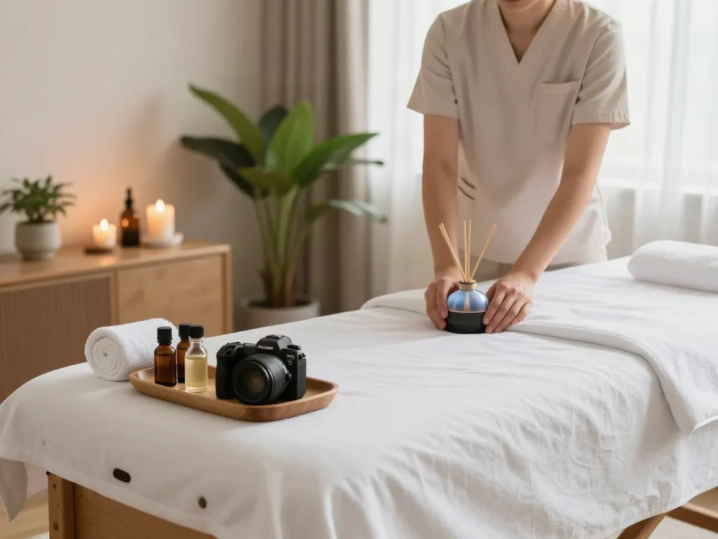 김포출장안마 showcasing a serene massage therapy setting with essential oils and calming atmosphere.