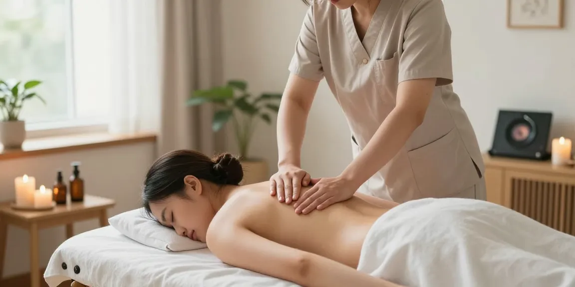 전문가가 고객에게 출장안마를 제공하는 편안한 마사지 장면입니다.