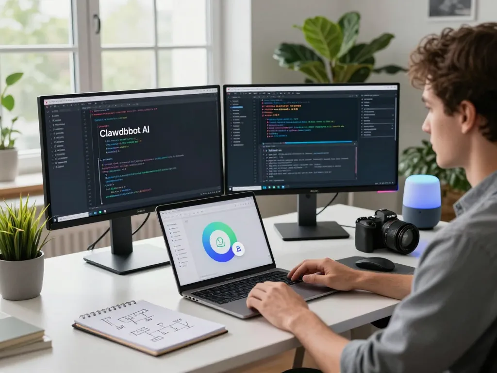 Developer utilizing Clawdbot AI for workflow automation in a modern office.