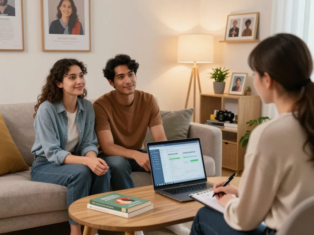 Therapy session focused on AI sex relationship dynamics in a warm inviting office environment.