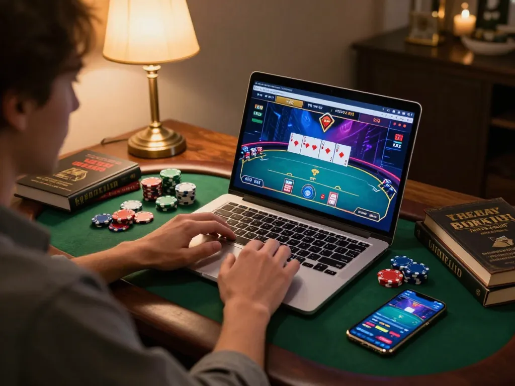 Engaging online poker game session on laptop showcasing qq8827 gaming interface with chips and strategies.