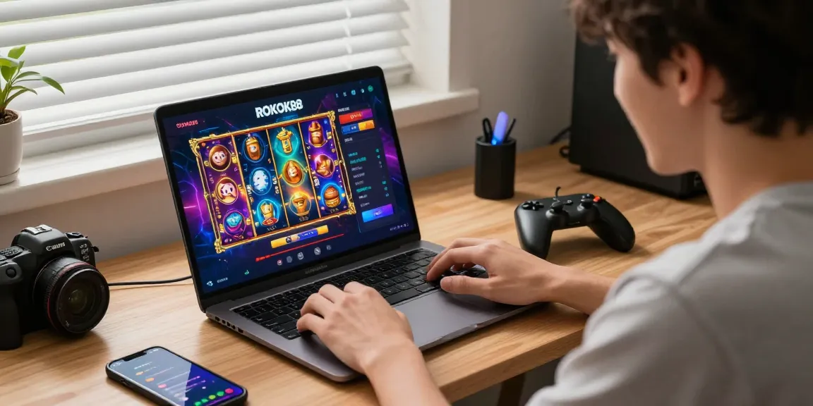 rokok88 login interface displayed on a laptop during an engaging gaming session at home.