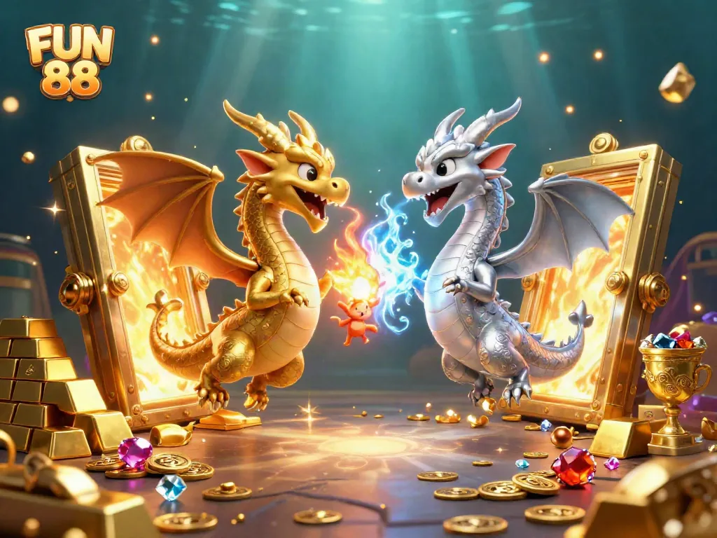 Experience thrilling action with the FUN 88 fantasy scene of golden and silver dragons amid dazzling treasures.