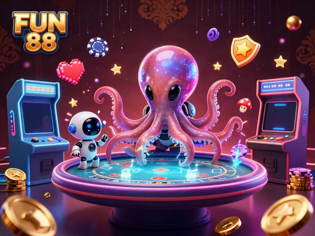 Experience the thrill at FUN 88 with a vibrant holographic poker table and alien octopus.