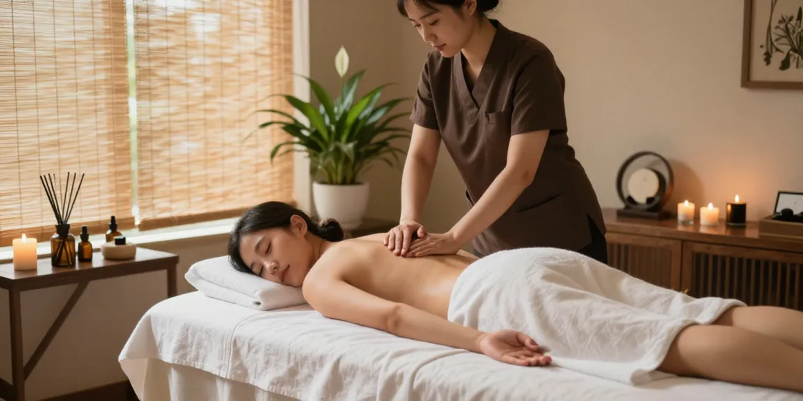 출장마사지 session in a calming spa environment with candles, plants, and soft lighting.