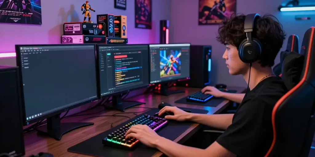 게임 프로모션 코드를 제공하는 게이머의 집중적인 모습과 다채로운 게임 아이템 배경