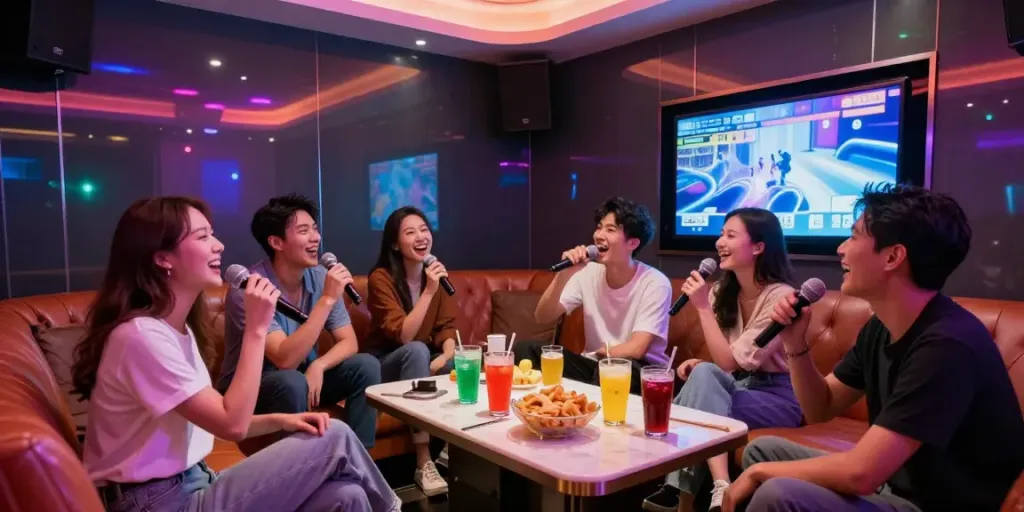 강남 가라오케 가격을 확인하고 즐거운 시간을 보내는 친구들 모습
