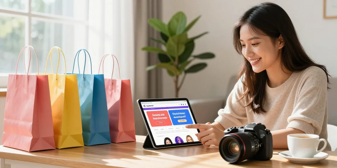フォロワー購入安全サイトを探している女性の楽しいショッピングシーン