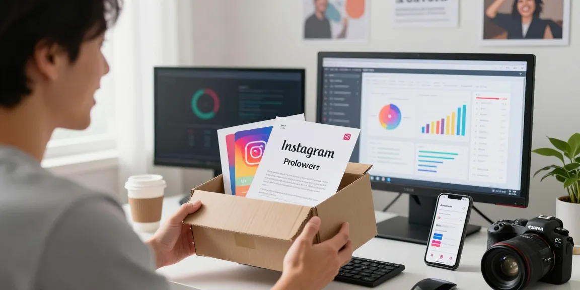 インスタ フォロワー 購入 口コミの確認をする人のシーン、現代的なオフィス環境で活気ある雰囲気。