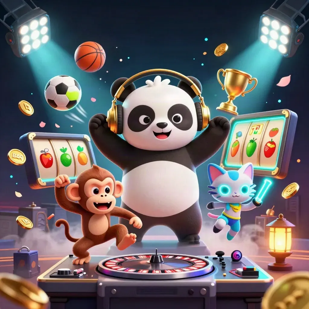 DJ 판다, 브레이크댄스 원숭이, 네온 고양이와 스포츠볼·골드 코인이 폭발하는 카지노 키아트