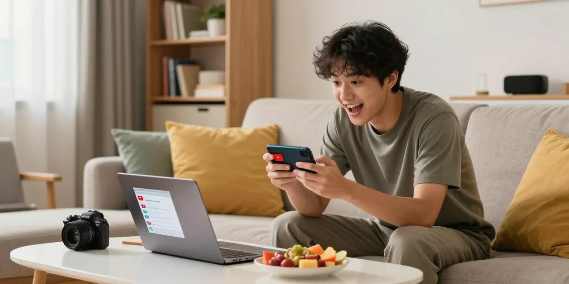 YouTubeショートいいね購入を楽しむ若者が明るいリビングでスマートフォンを操作する風景
