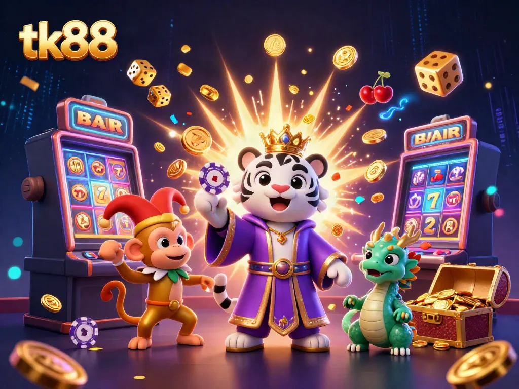 Experience the thrill of tk88 with engaging gaming elements, a majestic tiger, and vibrant casino scenes.