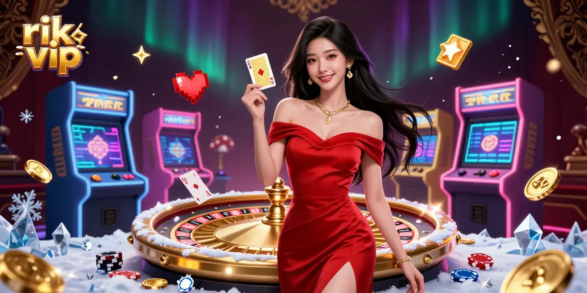 Win big with rik vip at the luxurious casino, featuring a beautiful woman and elegant game elements.