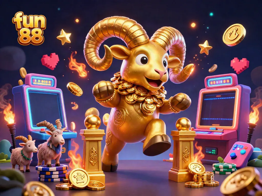 Experience the thrill of fun 88 with a dynamic scene featuring a golden ram and vibrant slot machines.