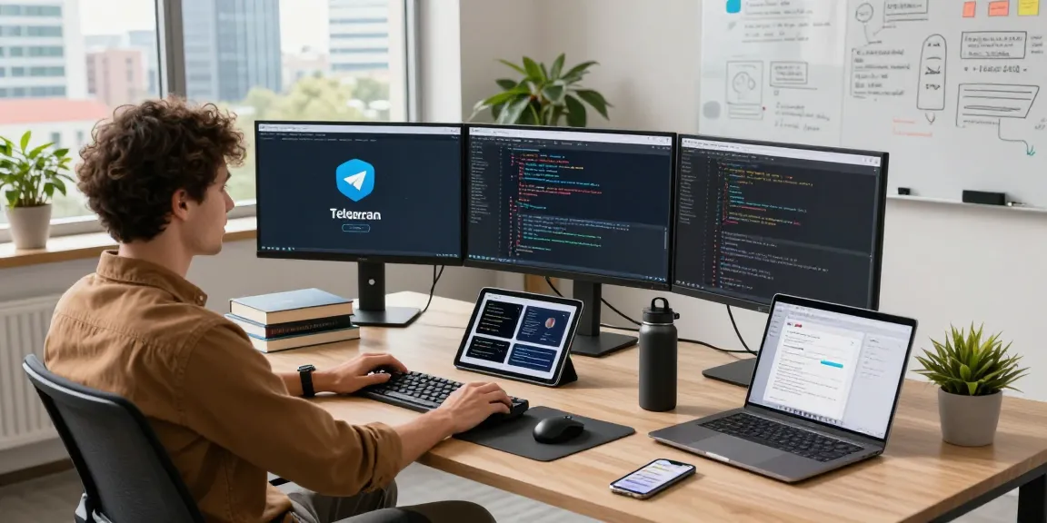 Interactive workspace with Telegram web version loaded on screens, showcasing a productive environment for developers.