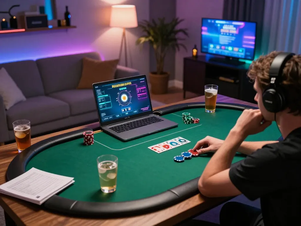 Engaging in online poker gaming on a laptop with strategic focus and link vào o8 in a cozy home environment.