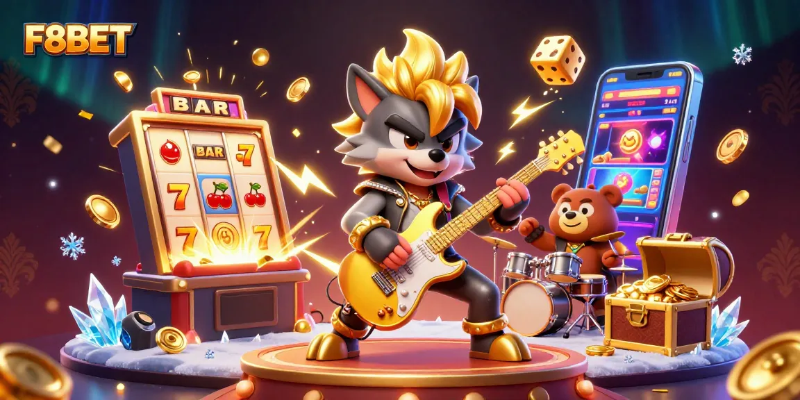 F8BET brings high-energy gaming with a rock star wolf and vibrant casino elements surging with excitement.