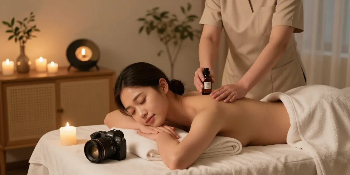 Young woman receiving a relaxing 파주출장안마 in a cozy home spa setting.