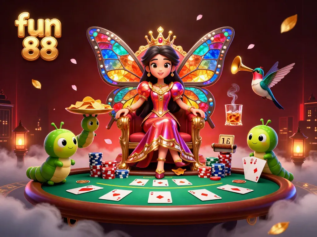 Experience top gaming action with fun 88 as the butterfly queen reigns over a vibrant casino scene.