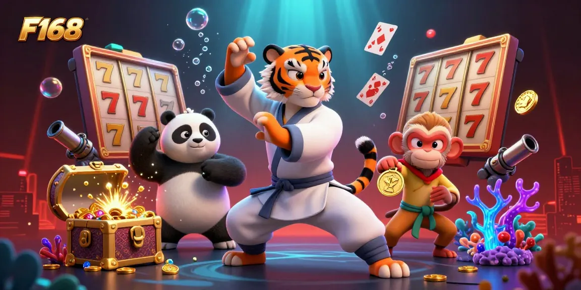 Engage with F168's vibrant slots experience featuring characters in a rich 3D casino scene.
