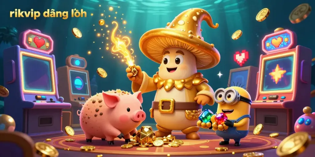 Experience the magic in the casino realm with rikvip đăng nhập through a whimsical 3D illustration featuring characters and vibrant gaming elements.
