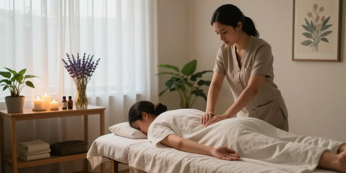 마사지 치료를 받는 고객과 집중하는 치료사, 아늑한 스파 환경