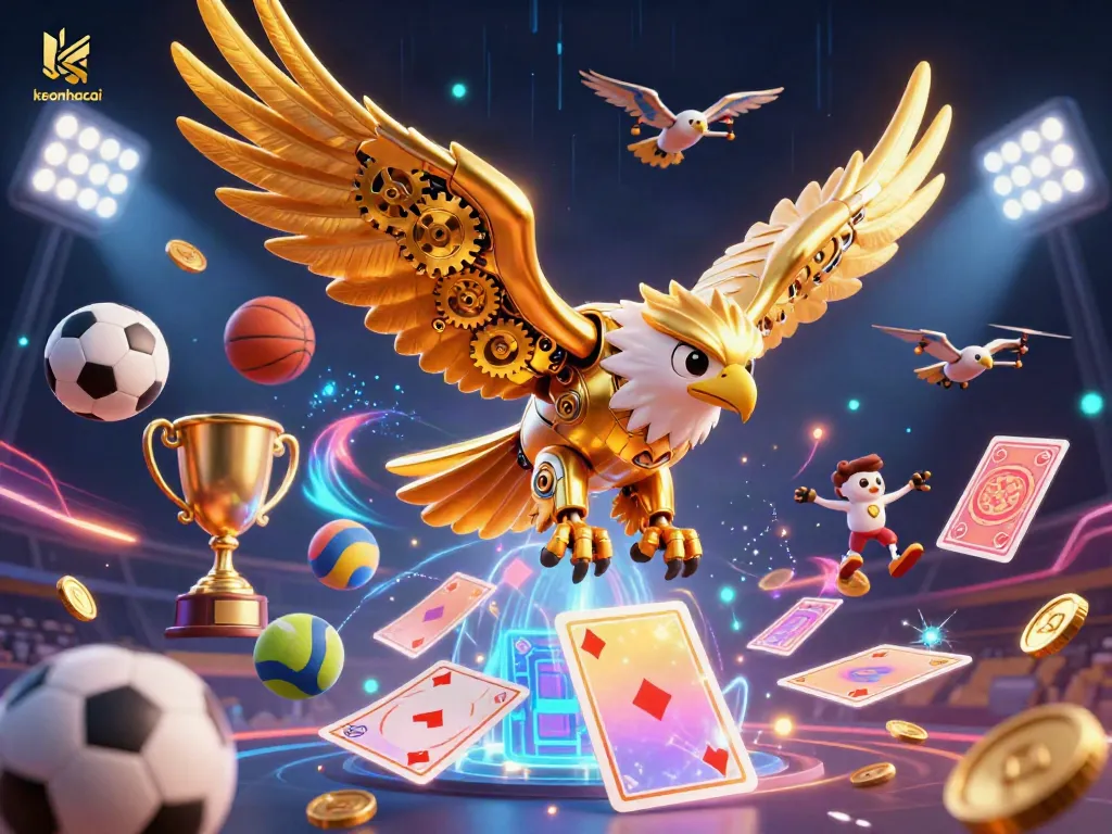 Engage with keonhacai's dynamic sports betting scene featuring a cybernetic eagle amidst vibrant sports elements.
