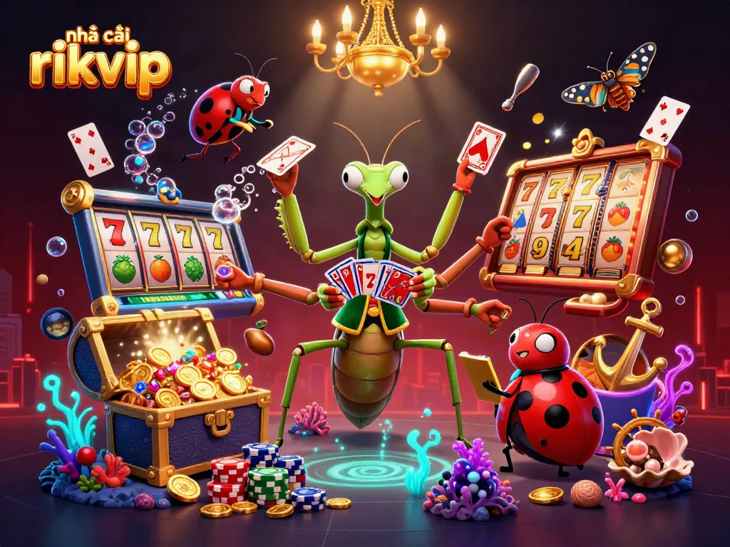 Engage with nhà cái rikvip as a giant mantis sharp deals cards and celebrates wins amidst vibrant slots.