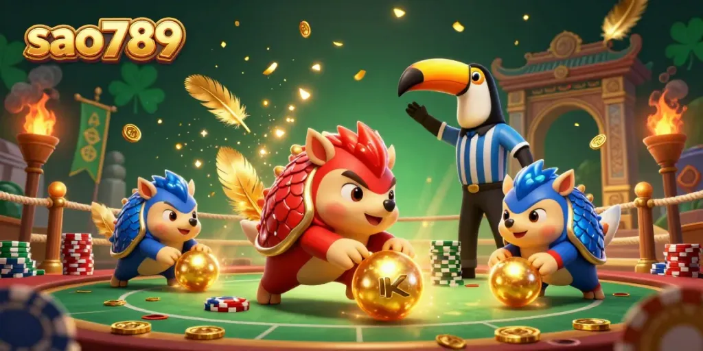 Sao789 pangolins compete in a vibrant online casino scene with poker chips and festive visuals.