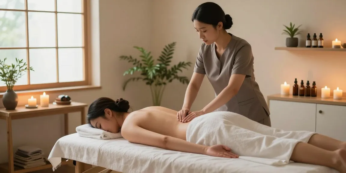 Client receiving 출장안마 in a tranquil spa setting with candles and soft lighting.