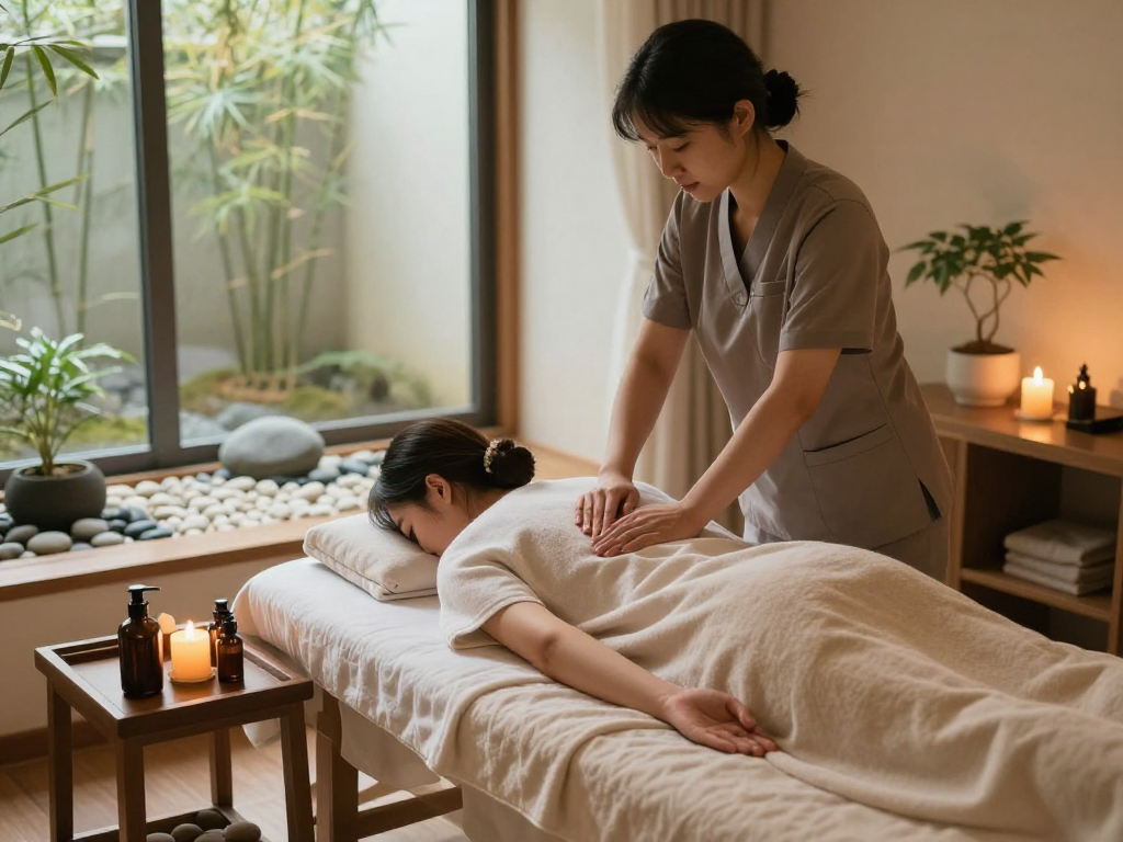Indulging in 인천출장마사지 in a serene spa setting with natural light and calming atmosphere.