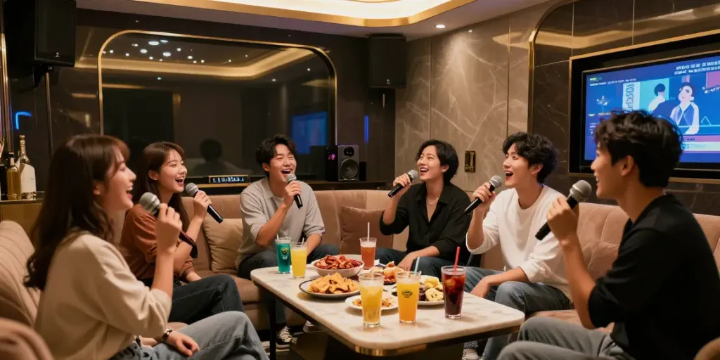 강남도파민에서 친구들과 즐거운 시간을 보내는 고급스러운 가라오케 룸