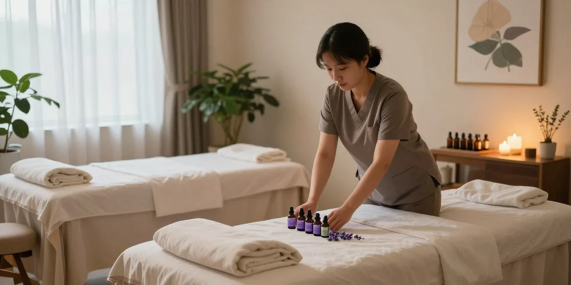 Experience the tranquility of 부천출장마사지 in a serene wellness center, featuring a skilled therapist preparing a calming space with essential oils and soft lighting.