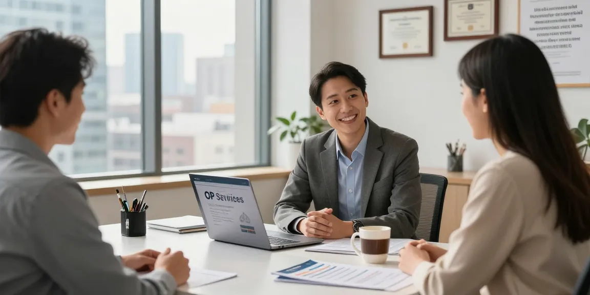 Engaging consultation about 오피가이드 services in a professional office space.