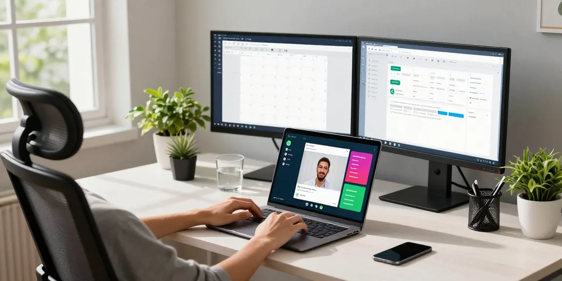 Engaged user navigating WhatsApp網頁版 on laptop in a modern home office.