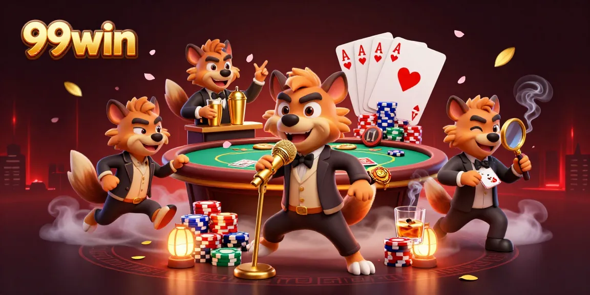 Join the excitement at 99win's comedy casino club featuring vibrant characters telling jokes and mixing drinks!